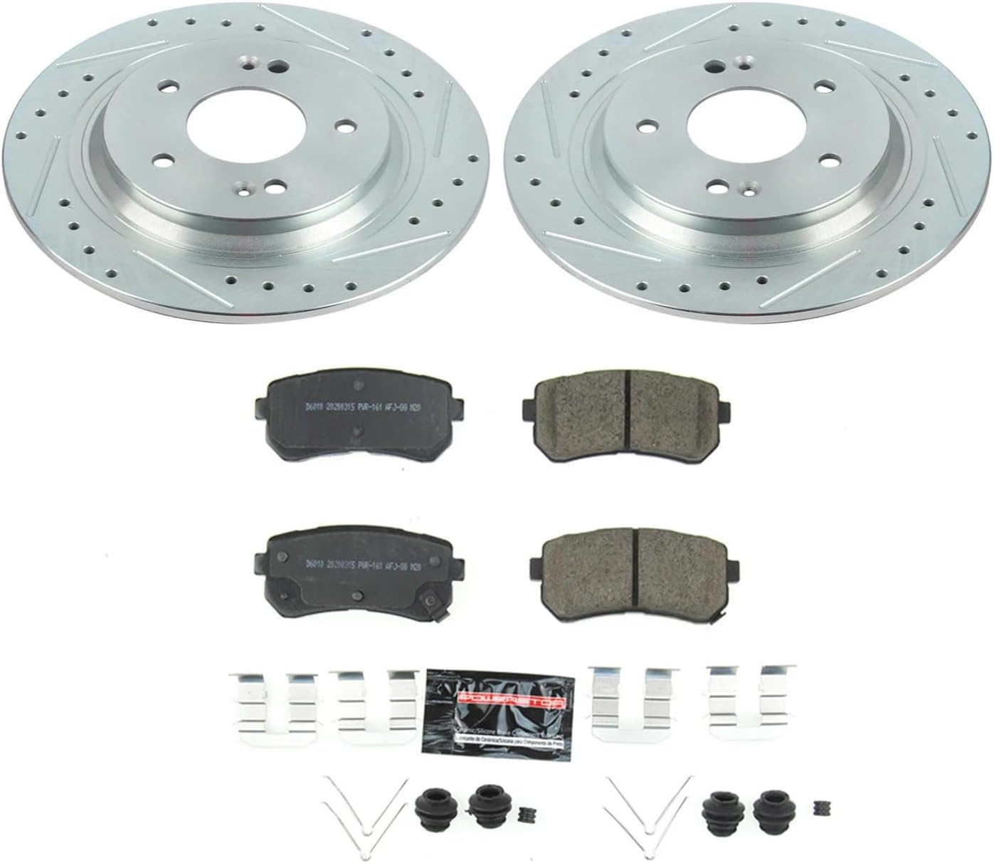PowerStop Rear Brake Kit For Hyundai Kona 2018-23 | Kia Seltos 2021-23 - Drilled and Slotted Disc Rotors with Ceramic Brake Pads Replacement, K8306