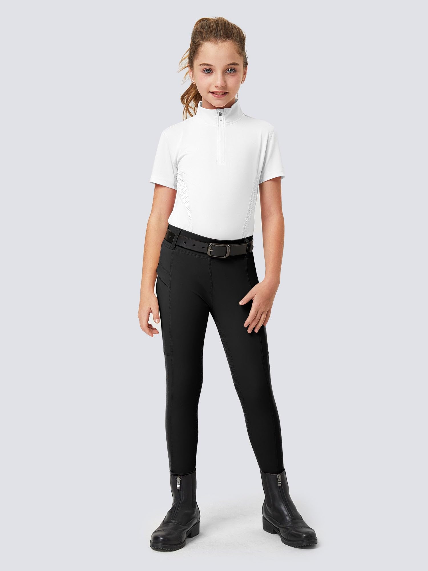 FitsT4 Sports Pantaloni da equitazione per ragazze, con sedile completo, pantaloni da equitazione elasticizzati per ragazzi e cavalli, con tasche con cerniera
