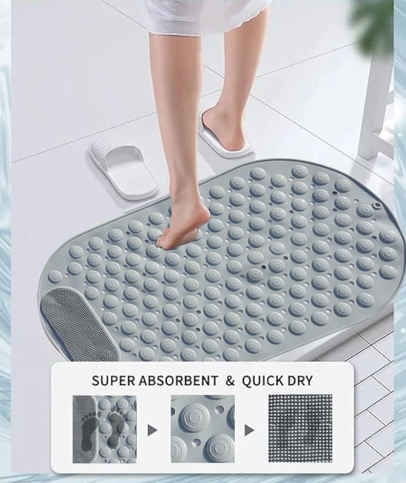 Image of Homecloud Anti Skid Mat for Bathroom Floor Shower mats for Bathroom Anti Slip with Foot Scrubber Bath mat Anti Slip with Suction Cups & Drain Holes (69x35 Cm) (Oval Grey)
