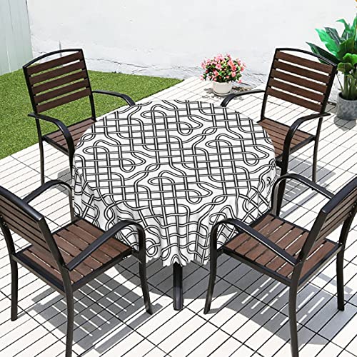 Celtic Pattern Round Table Cloth, 60 Inch, Waterproof Fabric Decorative, Durable Reusable Table Clothes, Wipeable Spill Proof Wrinkle Resistant For Kitchen Dining Dinner Shower Parties, White Black #TOP5