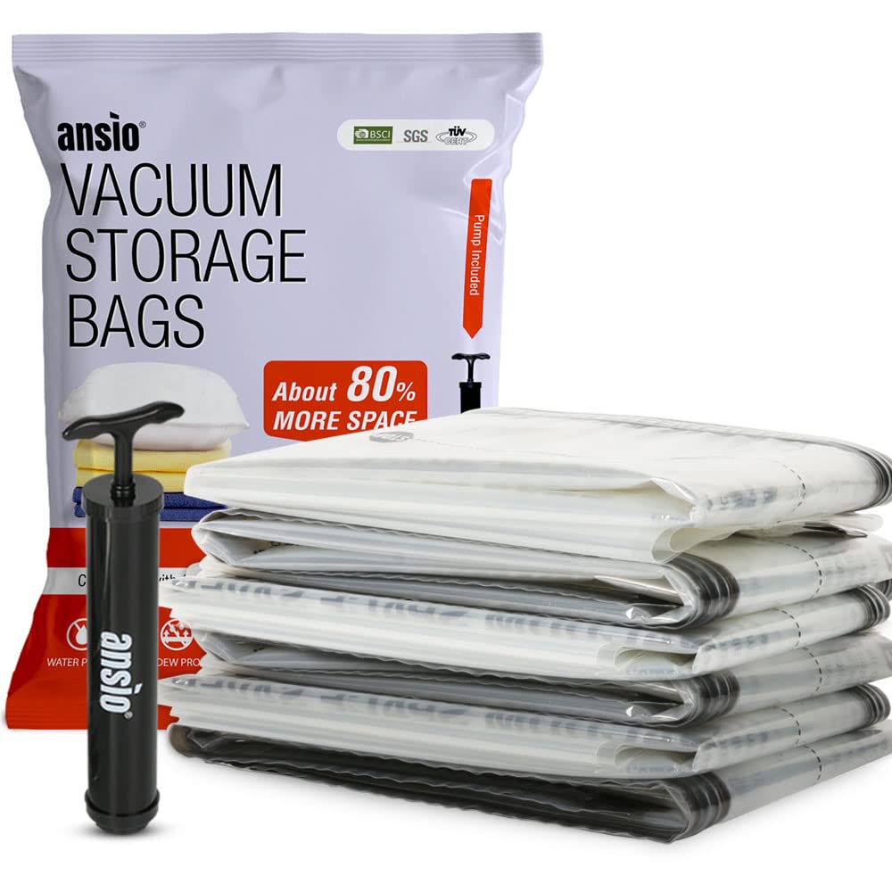 Ansio Clear Ansio® Vacuum Storage Bags For Clothes Large Pack Of 6 Double-Zip Seal & Triple Seal Turbo Valve Vacuum Bags For Duvets, Bedding Sets Etc., 80% More Storage Travel Pump Included (Size: 100 X 80Cm)