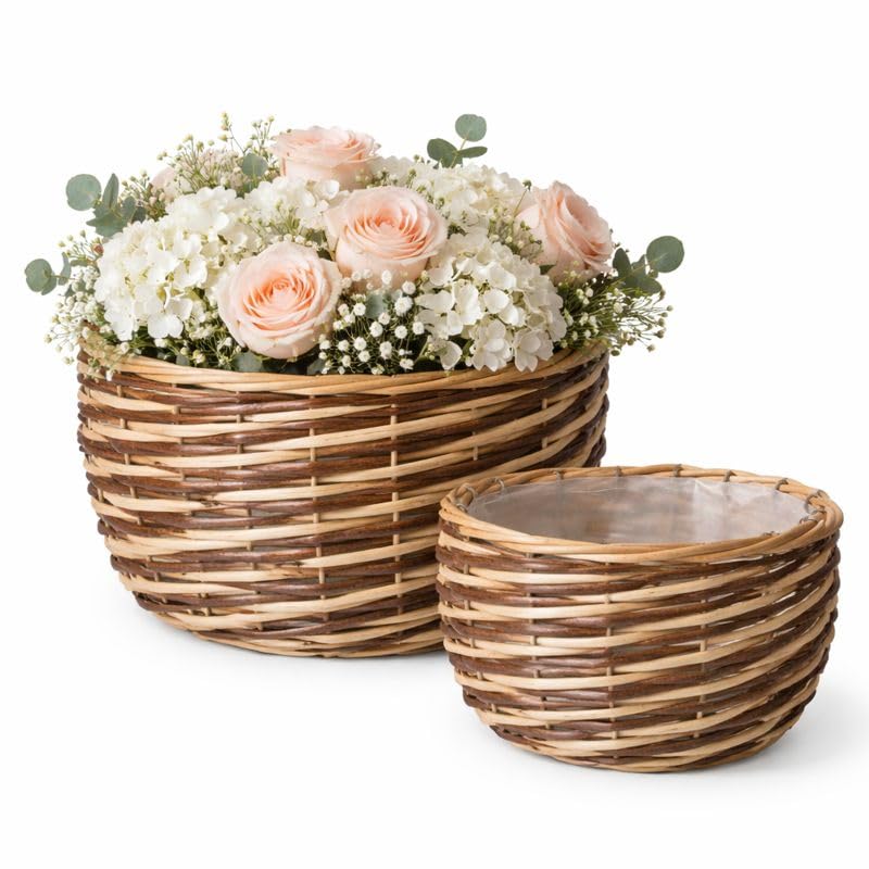 Oasis® Set of 2 Round Chester Floral Bowls – Two Tone Brown Plastic Lined Decorative Containers for Flower Arranging, Fresh Flowers, Table Centrepieces, Weddings & Event Décor
