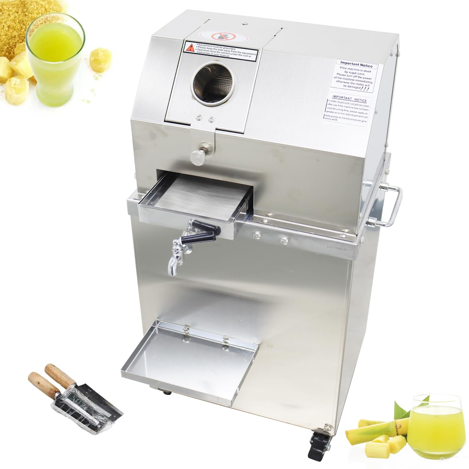 EQCOTWEA Electric Sugarcane Juicer, Sugarcane Press Machine, Three-roller juicer with Crushing Roller, 84% High Juicing Rate, Fully Stainless Steel Commercial Sugarcane Juice Press Extractor 300kg/h