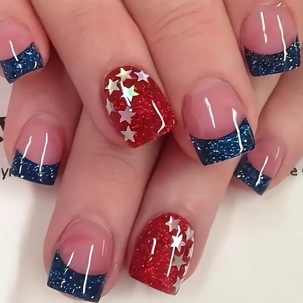 24PCS Short Square Press on Nails, Independence Day Fake Nails, 4th of July Press on Nails Blue with Star Acrylic Full Cover Glossy July Fourth False