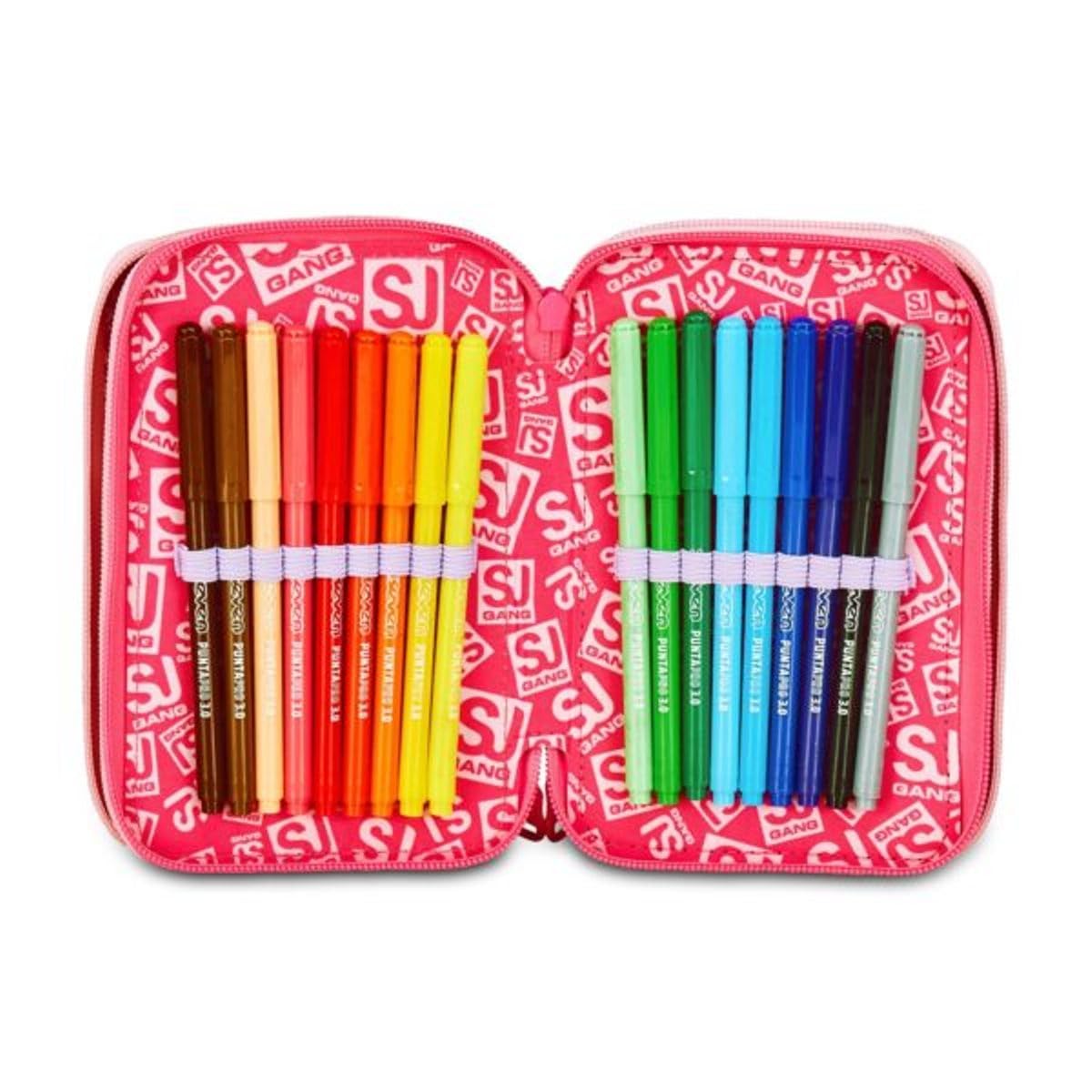 Astuccio scuola Sj girl Gang Seven - Cat Led Gattino - 3 piani completo di cancelleria per bambino + omaggio portachiave paillettes e penna multicolore