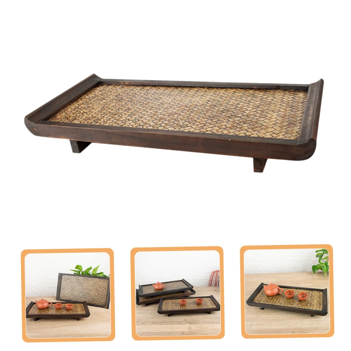 Alipis Bandeja De Ratán De Madera Rectangular para Servir Té y Comida Bandeja para Guardar Tazas Salón De Belleza y Restaurante