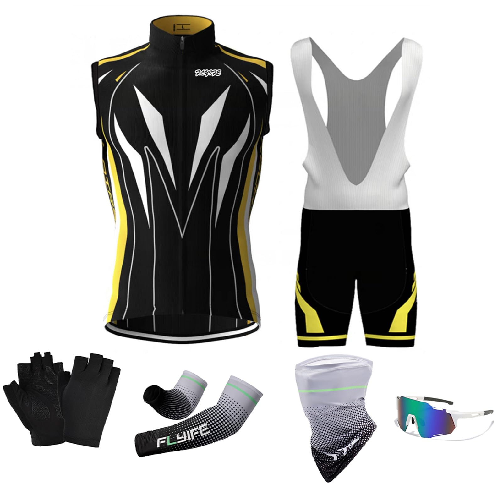 FLYIFE Cycling Jersey Men Set Bib Shorts Set Summer Mountain Bike Bicycle Suit and MTB 9D Gel Padded Bib shorts set＋Includes Cycling Gloves,Cycling Glasses,Sleeves, masks. (TYP-5,3XL)