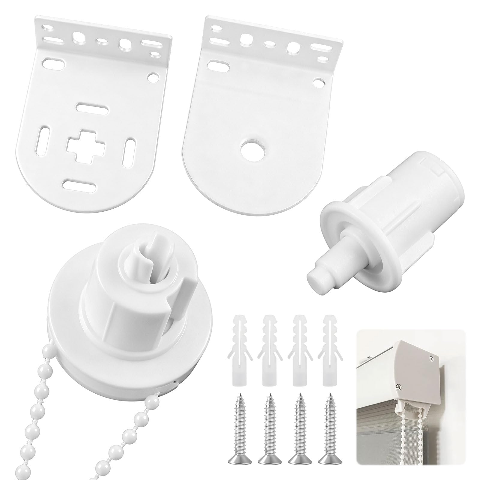 Roller Blind Fittings, 1 Pcs White Roller Blind Bracket, Rollers Blinds Spare Parts, Including Clutch, Chain and Metal Support, With a Load-Bearing Capacity of Up To 5 Kilograms