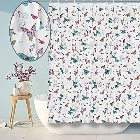 WestWeir Ruffle Shower Curtain - White Farmhouse Bath Curtains for The Bathroom with Hooks,72 Inch,Butterfly Pattern,Gypsy Decorations Cover