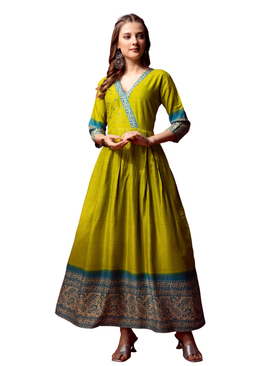 Fully Stitched Cotton Anarkali Gown for Women | Parrot Green Cotton Blend Printed Ethnic Dress-image-44