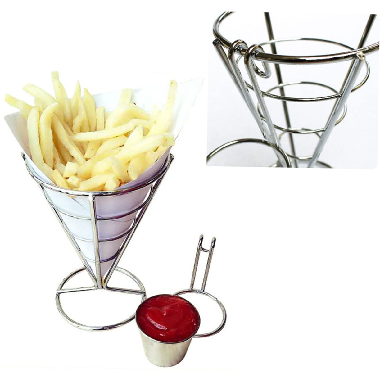 HOLIDYOYO 2pcs Fries Stand Holder with Sauce Dippers Cone-shaped Food Display Rack for French Fries Snacks and Appetizers for Restaurants Parties and Events