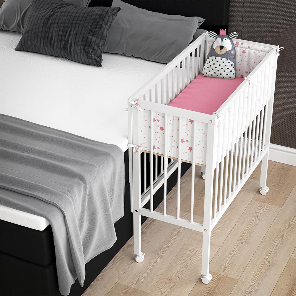 VitaliSpa Lettino da attaccare al letto Sophie, Bianco, 94 x 42.5 cm 2 guide laterali, regolabile in altezza con ruote e fissaggio al letto dei genitori