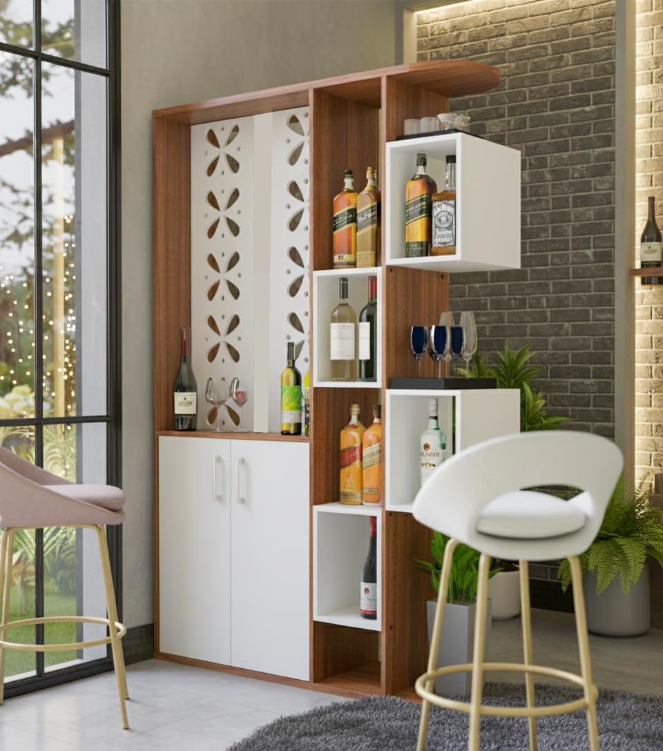 NEUDOT Baileys Bar Cabinet | Engineered Wooden | Mini Bar Unit for Home | Multipurpose Cabinet for Living Room, Bedroom | 12 Months Warranty | Teak Finish