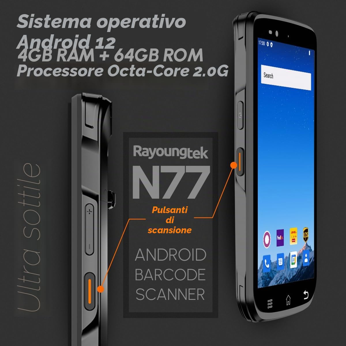 Rayoungtek Scanner di codici a barre Android 1D/2D/QR Android 12 4+64GB con Zebra SE4710 Motore di scansione 4G Wireless Mobile Computer N77