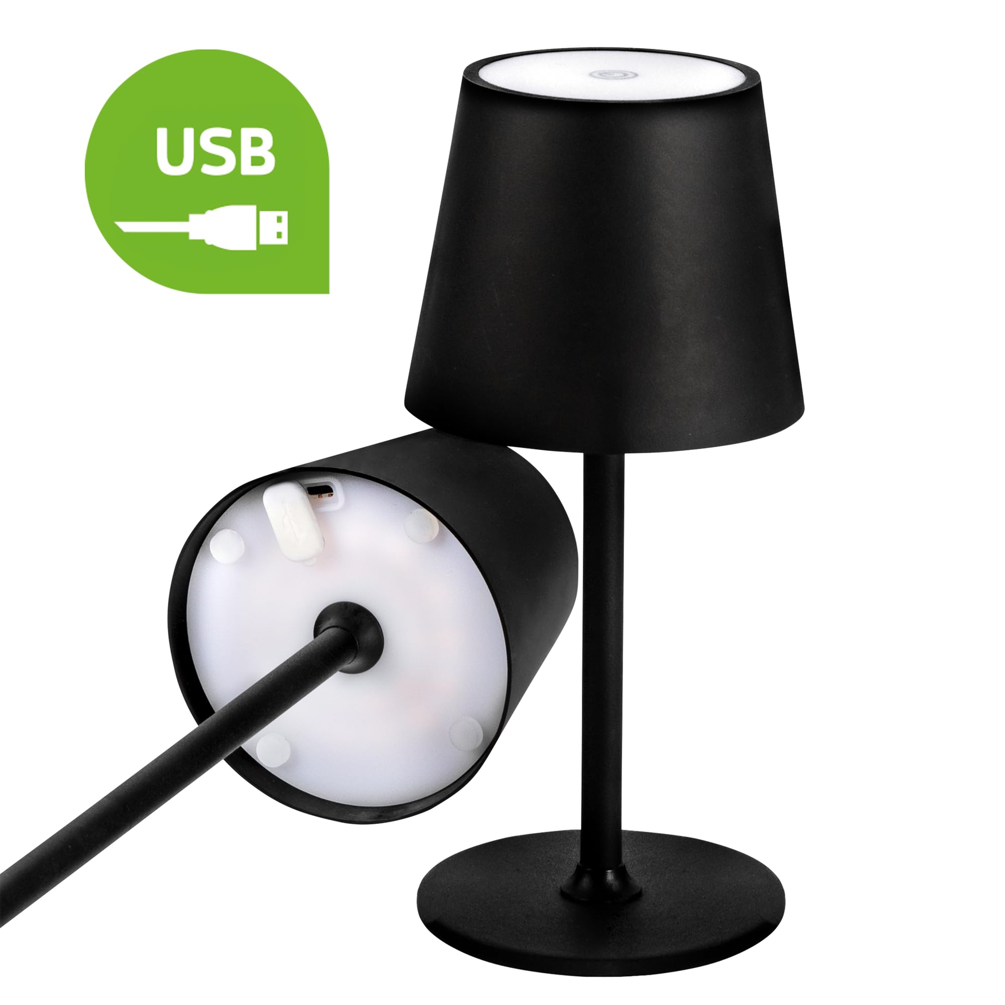 Lampe De Table LED Rechargeable, Variateur Tactile, Blanc RGB, IP54. Noir