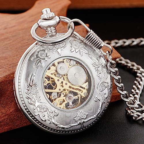 Image of Classic Silver Mechanical Pocket Watch, Roman Numerals Silver Pocket Watch with Chain Box for Men