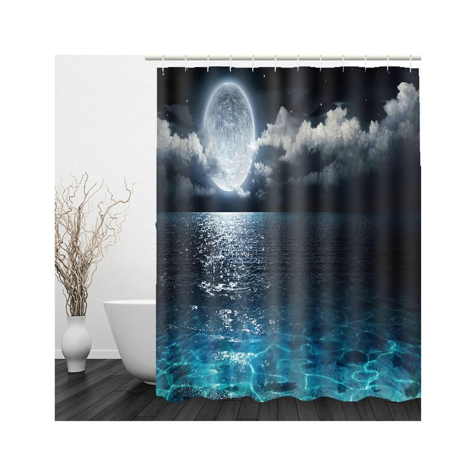 Tenda Doccia Extra Lunga Bagno Finestra Singola Corta La Luna Con Anelli Supporto Scorrevole Tende Per Piccola Blu Scuro 220x180cm