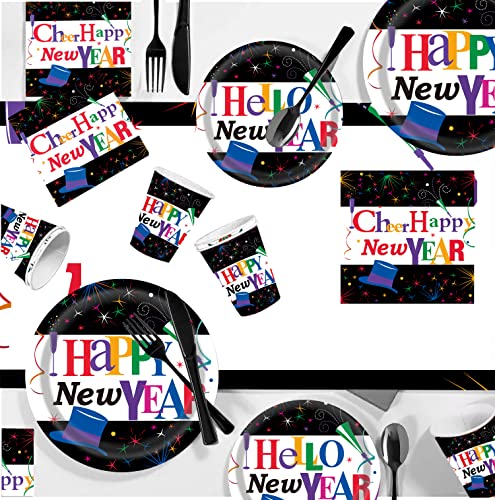 Pammyan 2023 Happy New Year Party Supplies Tableware Set - 150 Pcs Disposable Dinnerware Set - Black Paper Plates Napkins Cups, Black Plastic Forks Knives Spoons For New Years Eve Party #TOP3