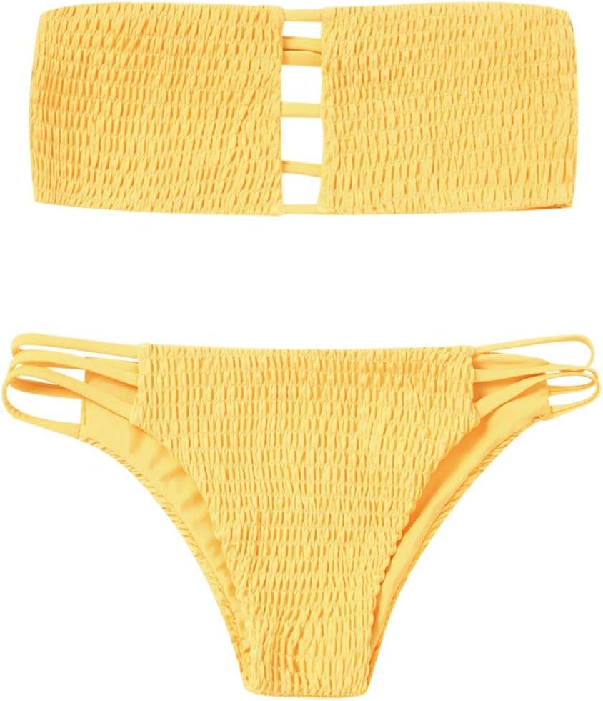 ZAFUL Bandeau Bikini Set Ladder Cut Smocked Strapless Bathing Suit Triangle Yellow