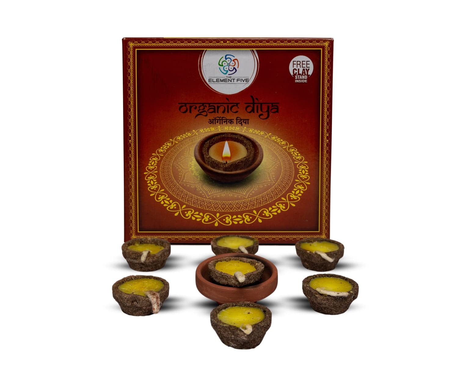 The Element Five Organic Diya 10 Ghee Filled Organic diyas + Free Clay Stand - (Set of 4) for puja