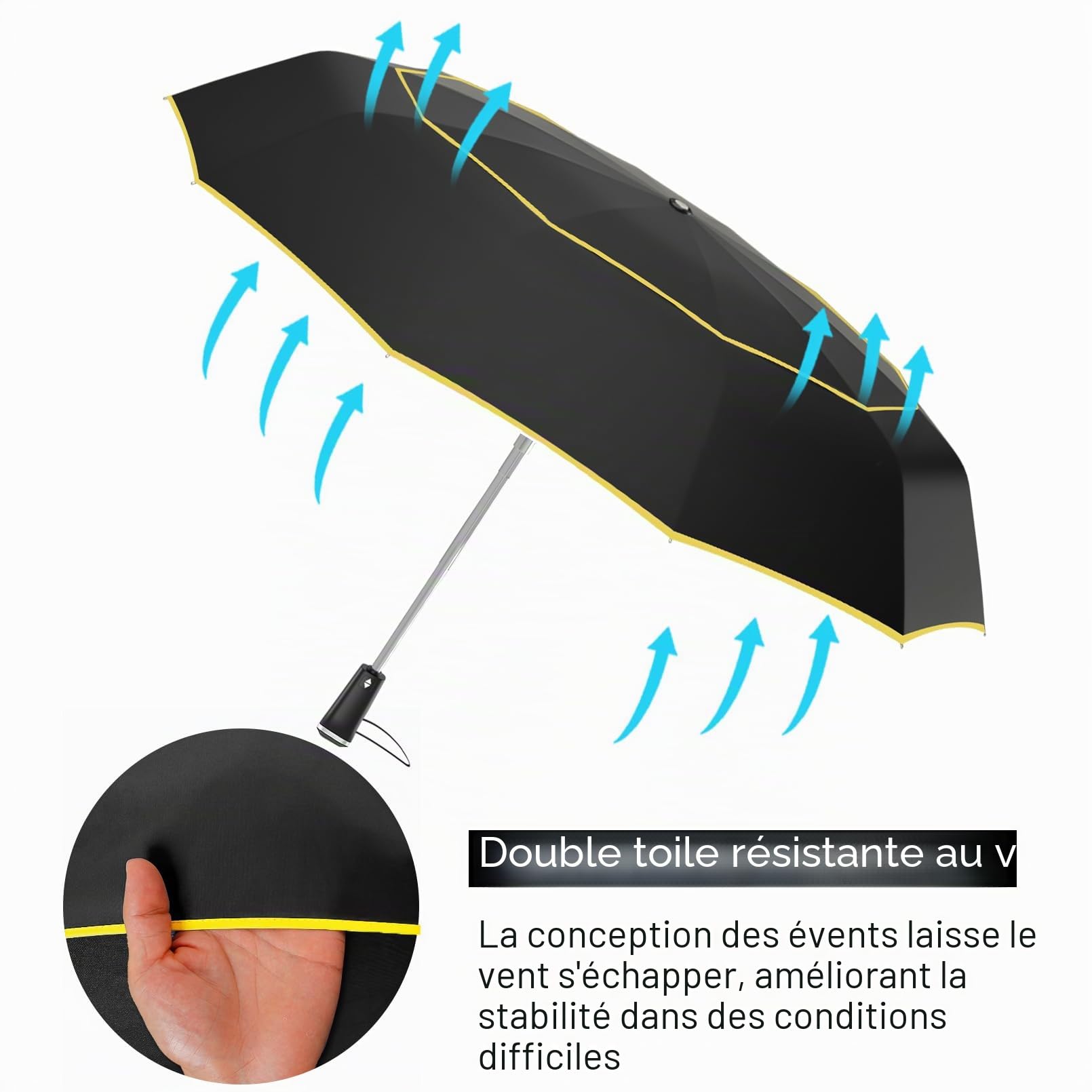 Satol Parapluie de Golf - Ouverture Automatique 10 Rayons, Double Toile, Protection UV, 54 Pouces Pliable Compact Paraplui avec Bandes Réfléchissantes, Convient à 2-4 Personnes (Noir)