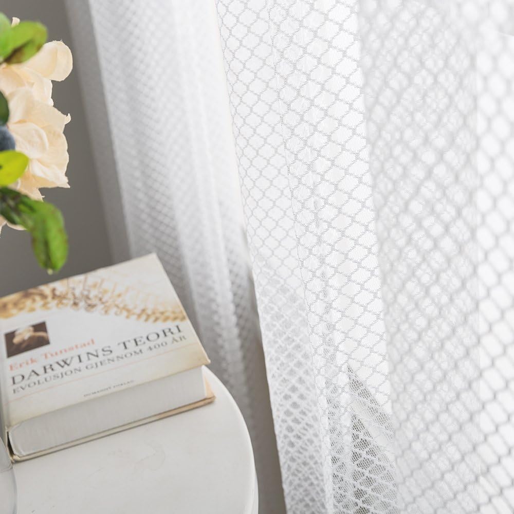 jinchan Sheer Lace Window Curtain Rod Pocket Moroccan Tile Trellis Design for Bedroom Curtain Panels for Living Room One Pair 63 Inch Length White