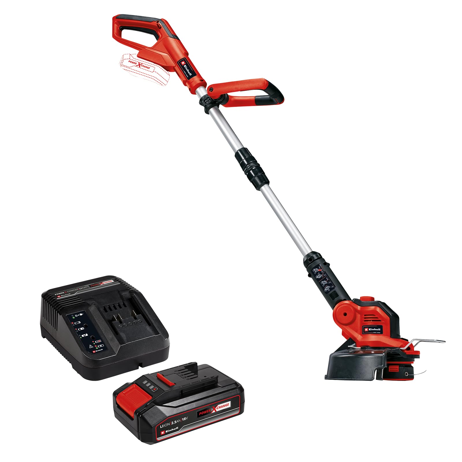 Einhell Recortadora de césped con batería GE-CT 18/28 Li-Solo Power X-Change (iones de litio, 18 V, 28 cm de anchura de corte, hilo, cabezal motor giratorio e inclinable, con bateria 2.5 Ah y cargador
