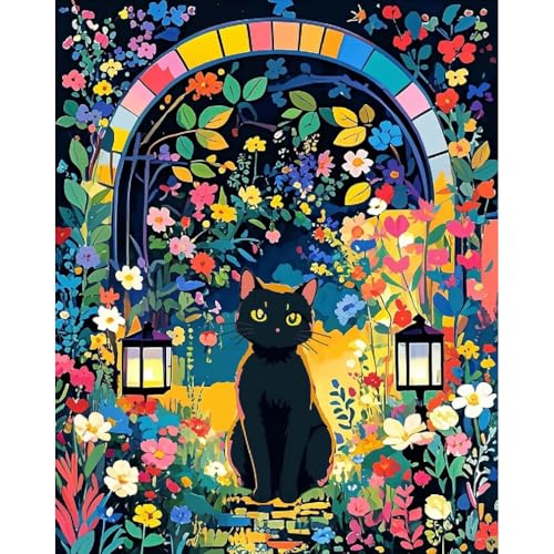 cdjlddww Black Cat Paint by Numbers Kit for Adults, Cat Garden Adult Paint by Number Kits, DIY Painting by Number on Canvas Without Frame for Home Wall Decor 16x20 Inch