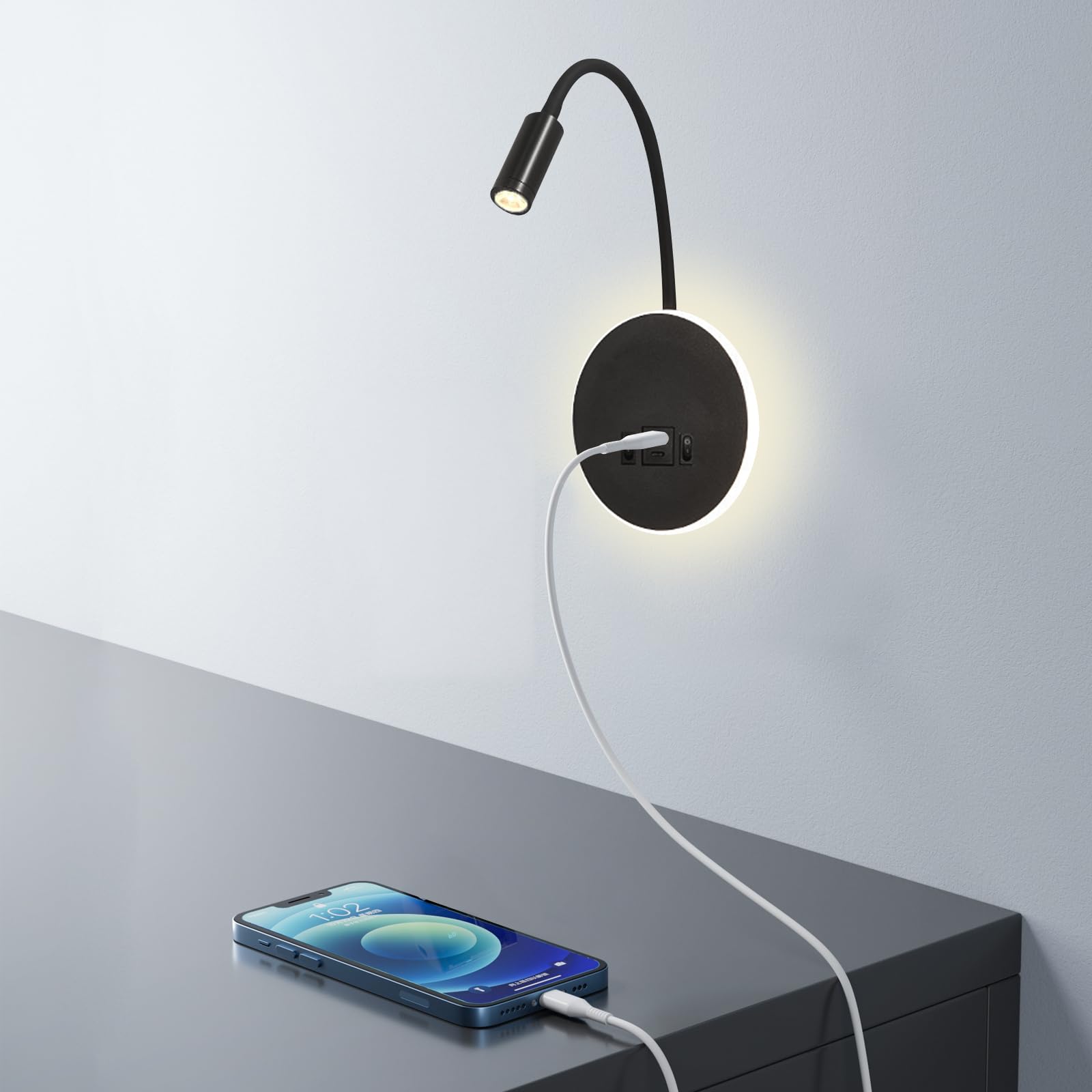 LED lámpara de pared mesita de noche 12 W LED spot regulable 3 W + 9 W 3000 K luz cálida (carga USB negro)