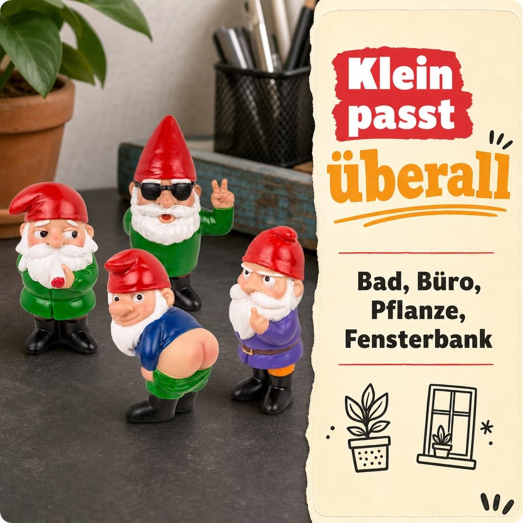 MIJOMA Zestaw bezczelnych krasnali ogrodowych – 4 mini krasnale z żywicy polimerowej ok. 4,5 x 7 cm – zabawne figurki dekoracyjne na biurko do roślin pokojowych, łazienki, na balkon, do biura