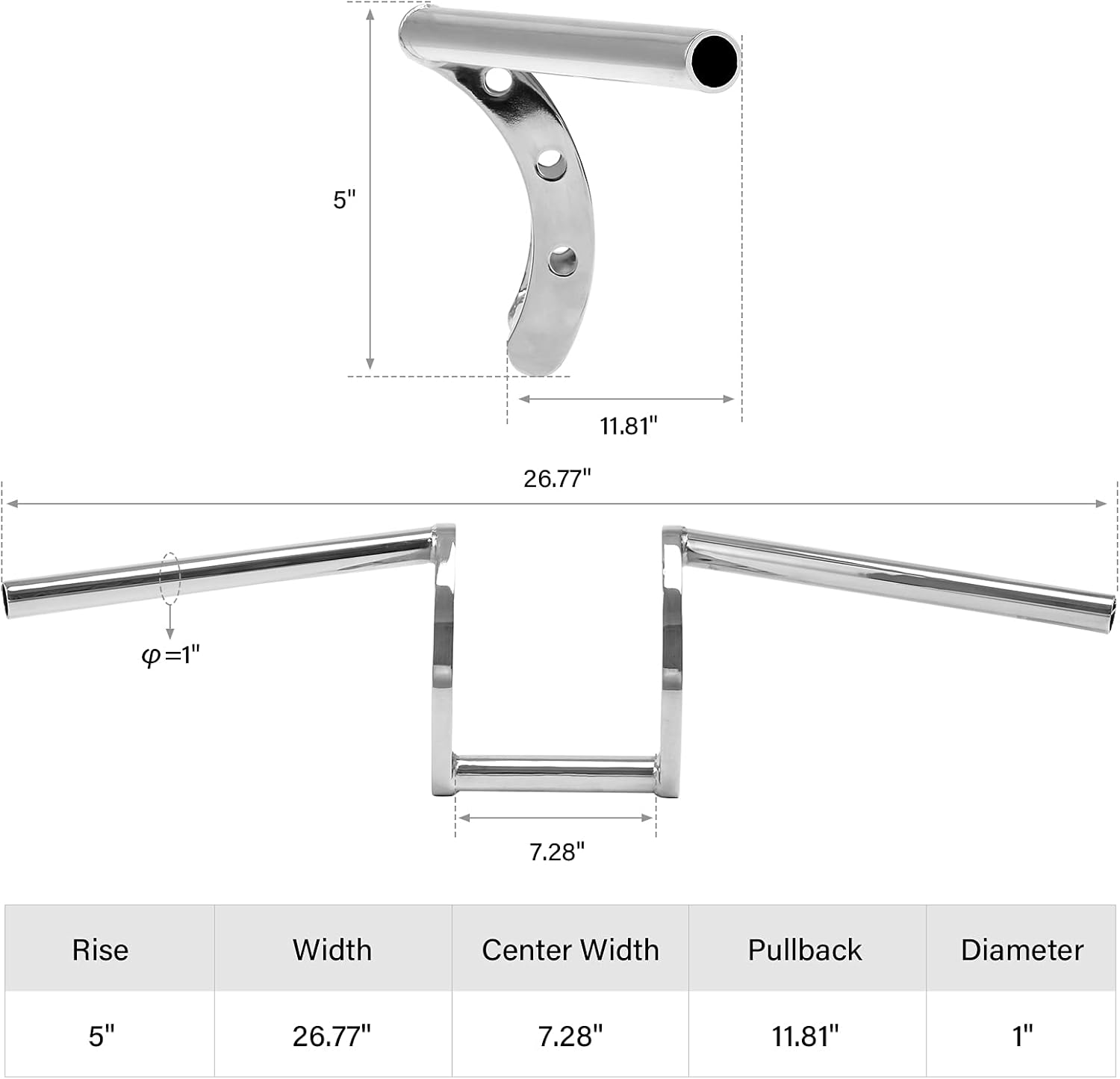 TCMT Chrome Drag Handlebar 1" Z Bar Fits For Harley Softail Sportster XL Honda Yamaha Suzuki Kawasaki Triumph Indian Victory Choppers Custom Bobbers with 1" Bars