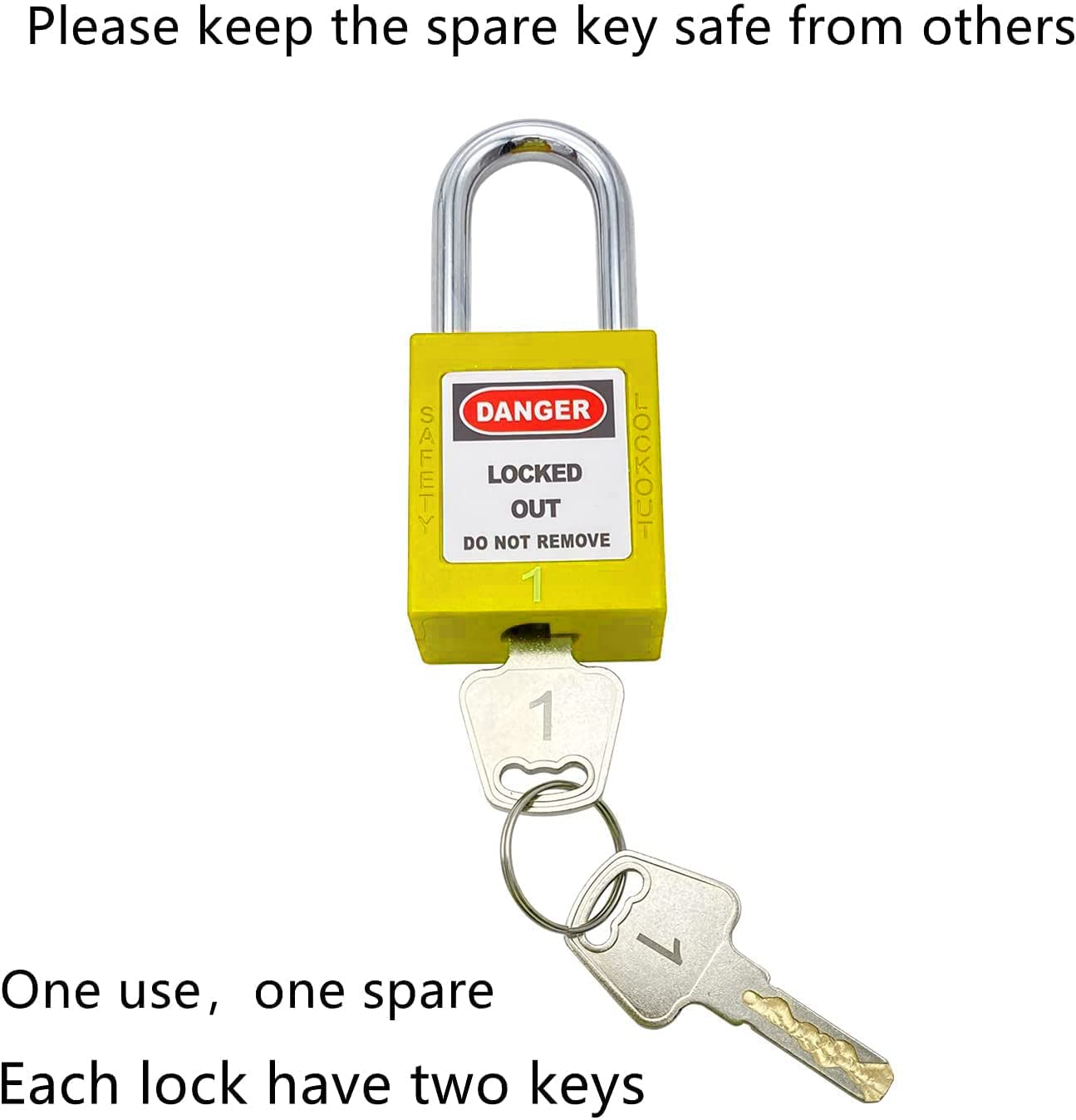 SAFBY 50 cerraduras de bloqueo diferentes con llave con 50 etiquetas de bloqueo – Candados Loto Safe para bloquear estaciones y dispositivos (1-50 amarillo)