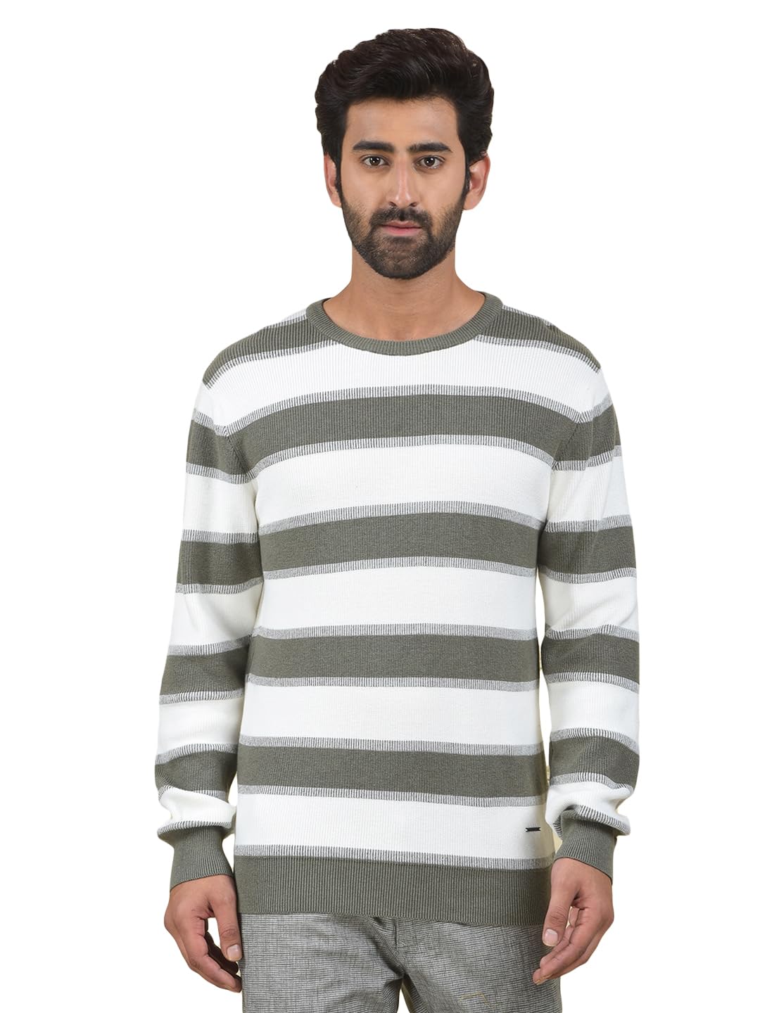 crimsoune club Men's Olive Horizontal Stripes 100% Cotton Sweater-picture-34