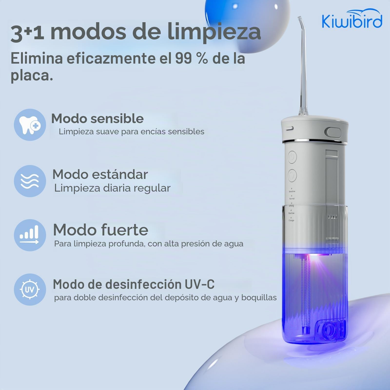 KIWIBIRD Mini irrigador bucal de agua para viajes, irrigador oral inalámbrico ultra portátil con luz UVC, IPX8 impermeable 3 modos, limpiador de dientes de 230 ml para cuidado de piedras de amígdalas