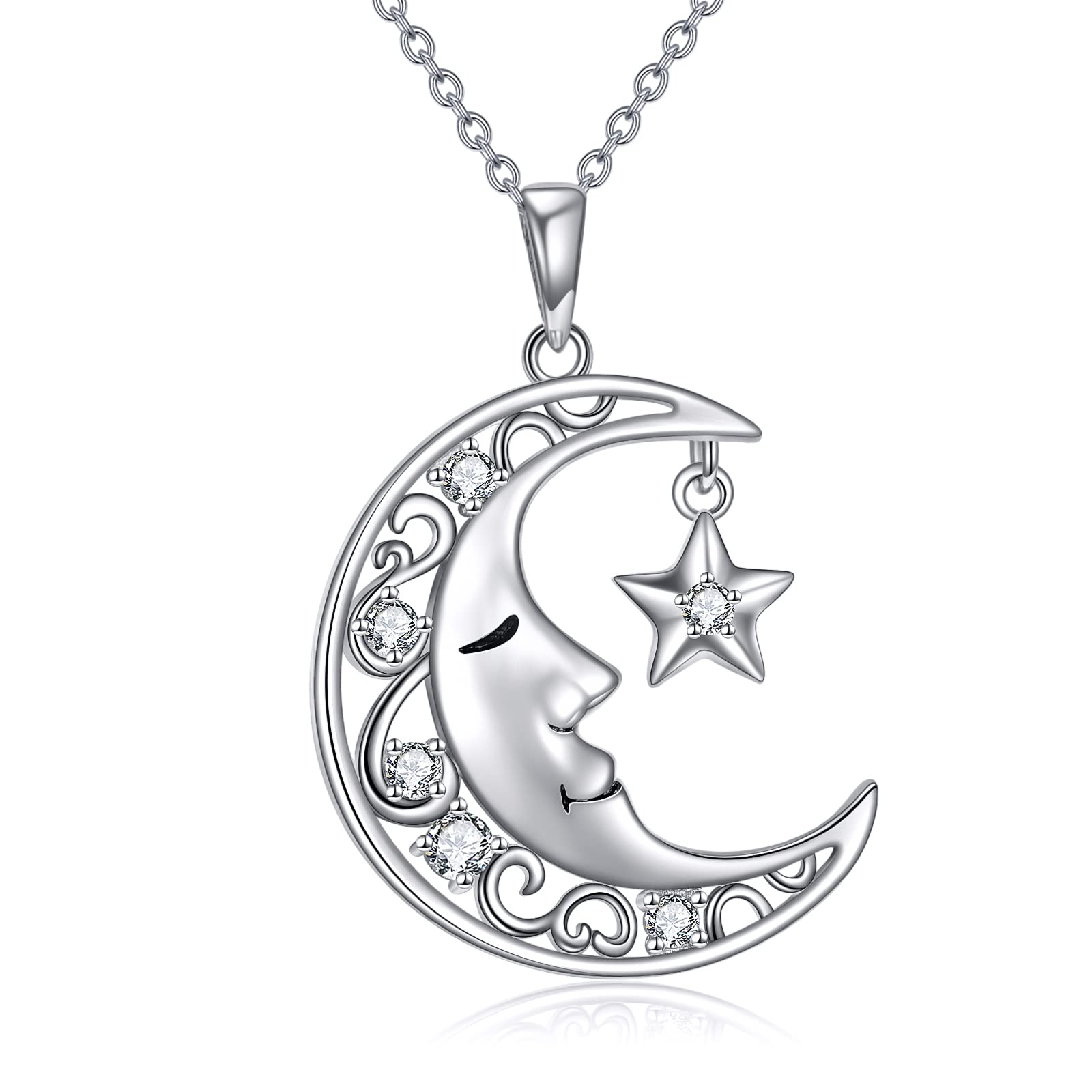 VONALAMoon Necklace 925 Sterling Silver Crescent Moon Pendant Star Charm Pentagram Necklace for Women Girls