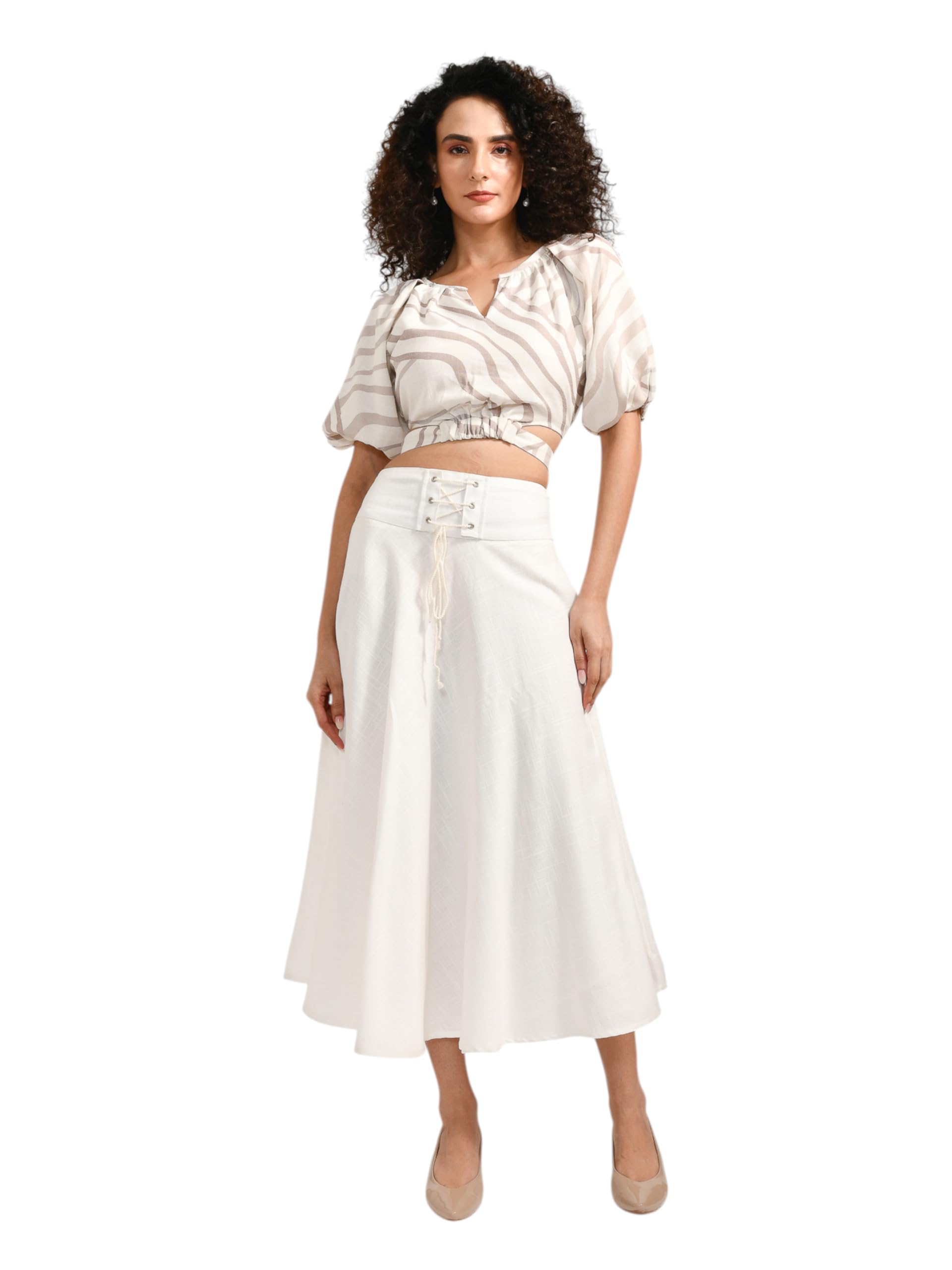 Elegant White Two-Piece Contrast Clothing Set, Crop Top with Midi Skirt