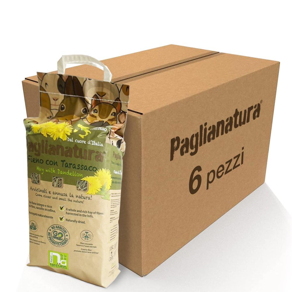 Paglianatura Zestaw 6 worków z naturalnym sianem 1300 g z mniszkiem lekarskim — pokarm bogaty w błonnik dla królików, świnek morskich i gryzoni — wspomaga zdrowie jelit i silne zęby