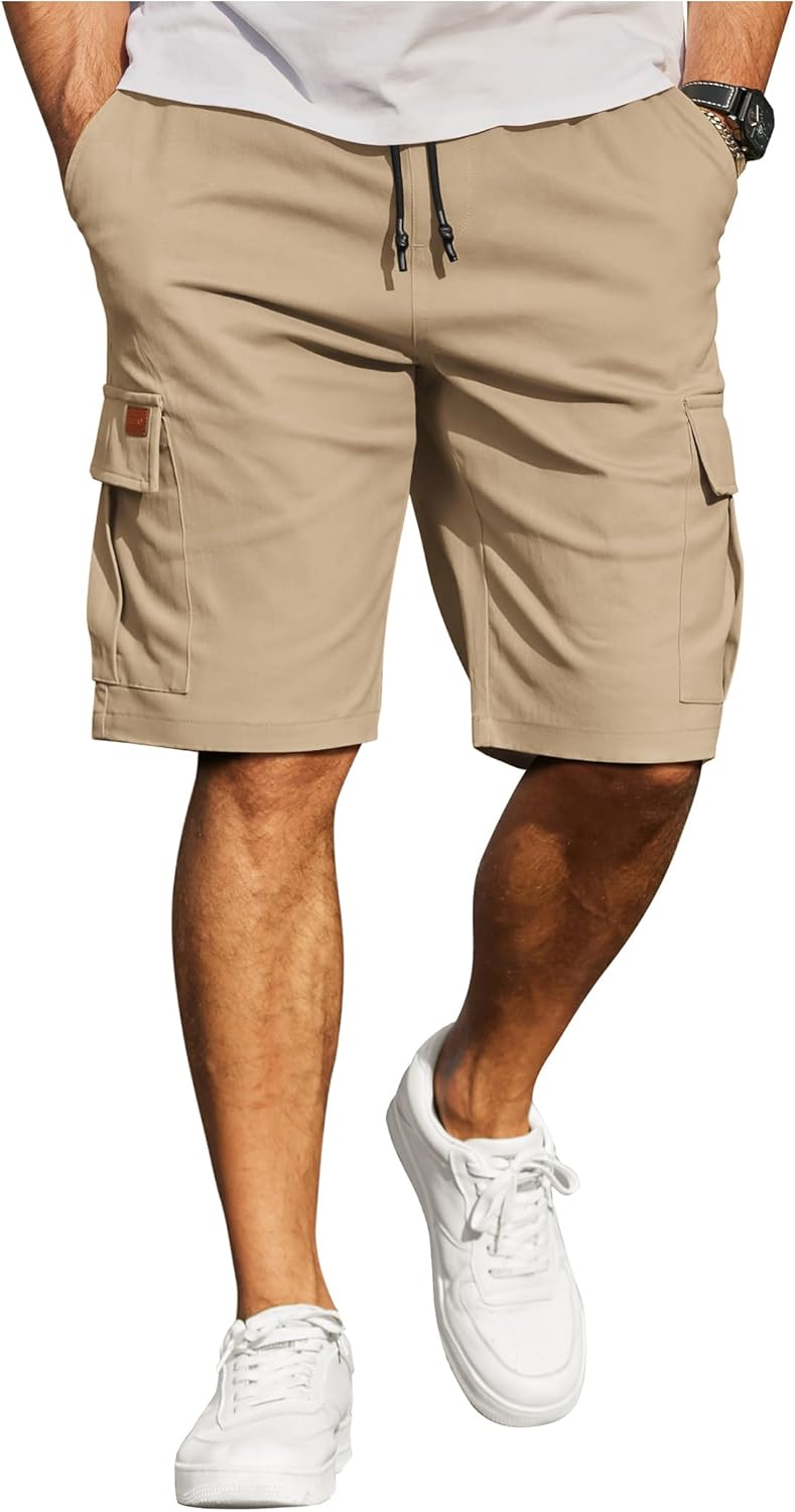 COOFANDY Men's Casual Cargo Shorts 10" Drawstring Elastic Waist Shorts Summer Cotton Chino Work Shorts with 6 Pockets