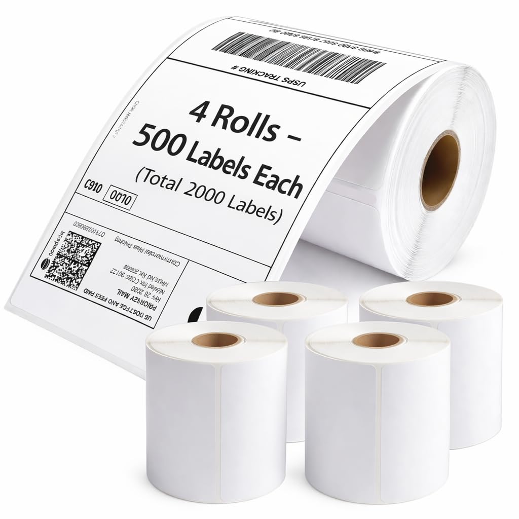 Volunx Thermal Shipping Labels Roll, 4x6 Inch, 500 Labels, 100x150mm, Strong Adhesive, Waterproof, BPA-Free, Compatible with Zebra, Dymo 4XL, Rollo, MUNBYN (4 Rolls - 2000 Labels)