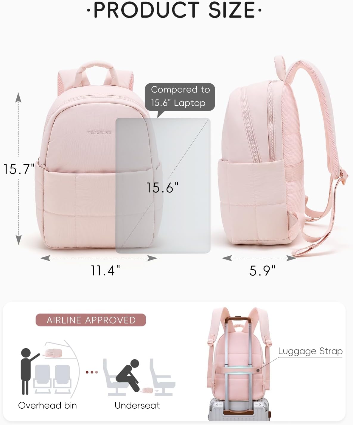 WESTBRONCO Puffer Laptop Backpack for Women Travel Backpack for Women Airplane Approved Backpack with 16'' Laptop Compartment