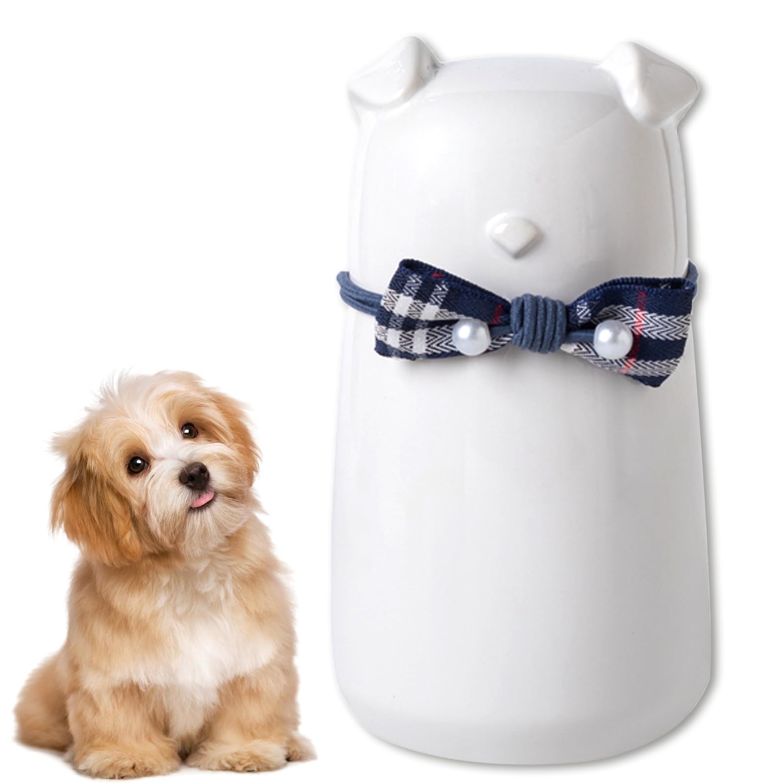 Duuclume Cute Memorial Pet Urn for Dogs Cats,Ceramic Bow Tie Dog Shaped Keepsake Box, Holds Ashes of Small Pets,Forever Keeps Memories,Lovely Home Decoration (White)
