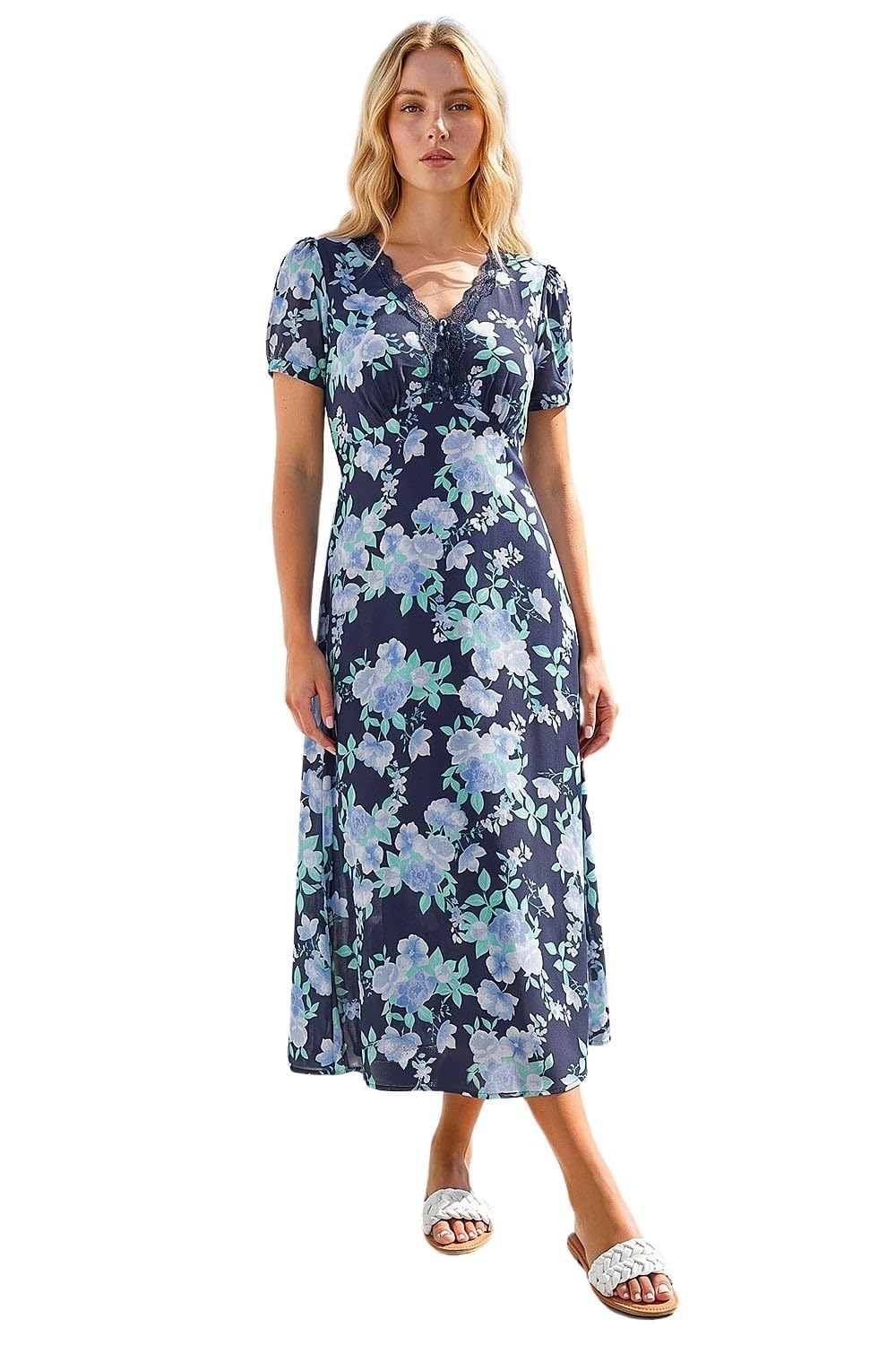 Roman Women's Navy Floral Lace Trim Midi Dress In | : Size 16