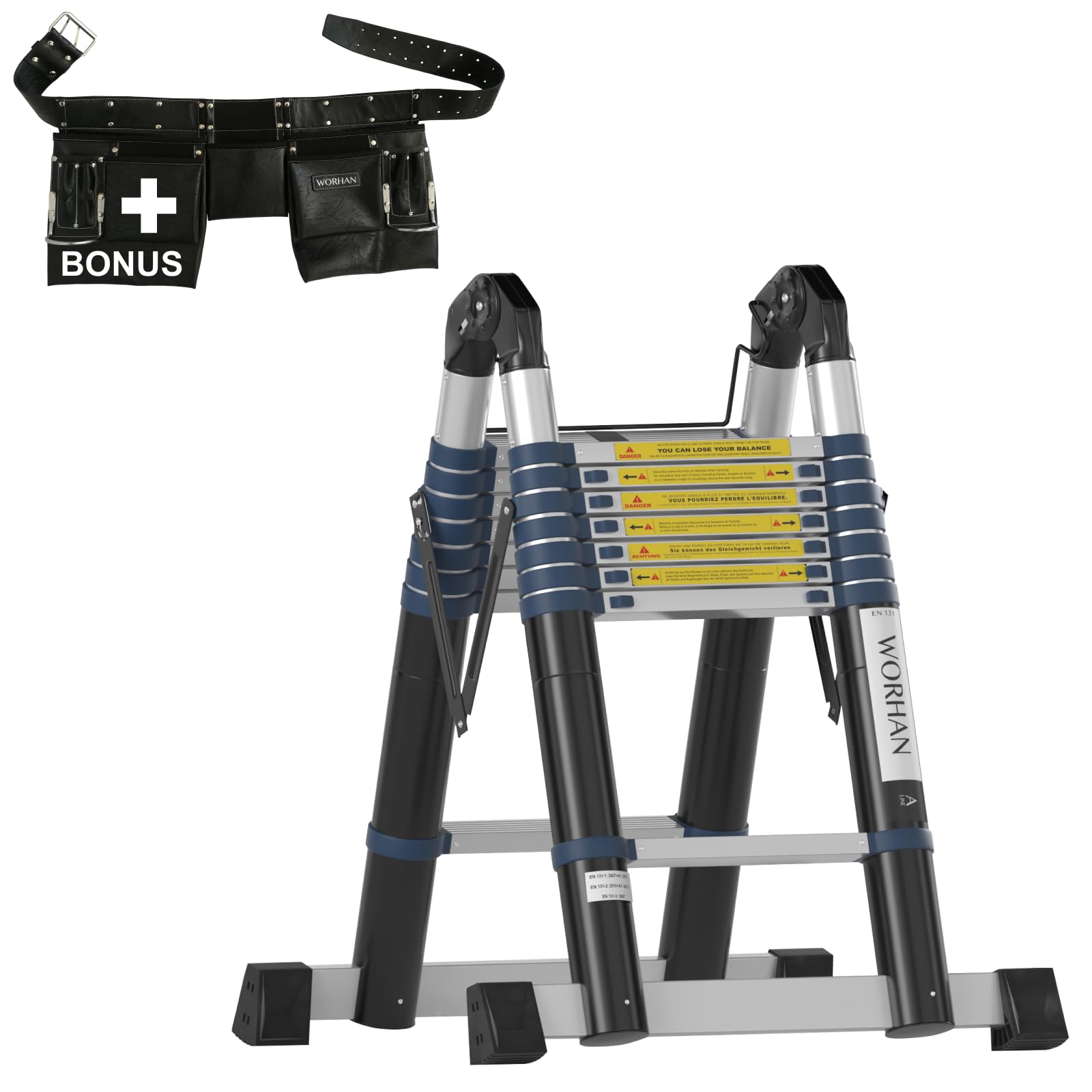 WORHAN Double Telescopic Foldable 16.4 ft Extendable Multipurpose Anodized Aluminium Telescoping Ladder Step A-Frame Straight Rigid Big Hinge Model K5