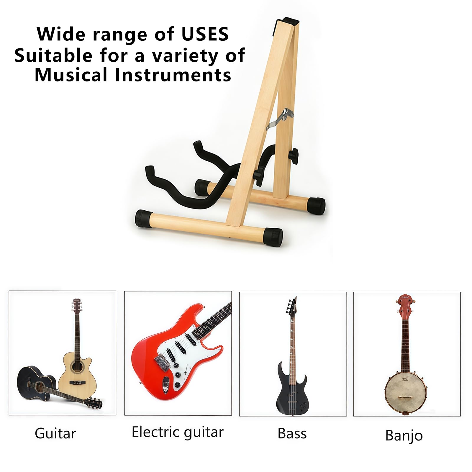 nalu Stojak na gitarę z naturalnego drewna, składany uchwyt w kształcie litery A, łatwy montaż i przenośny, do gitary akustycznej/elektrycznej, basu, banjo, trwały i stabilny (ziarno jasnego drewna)