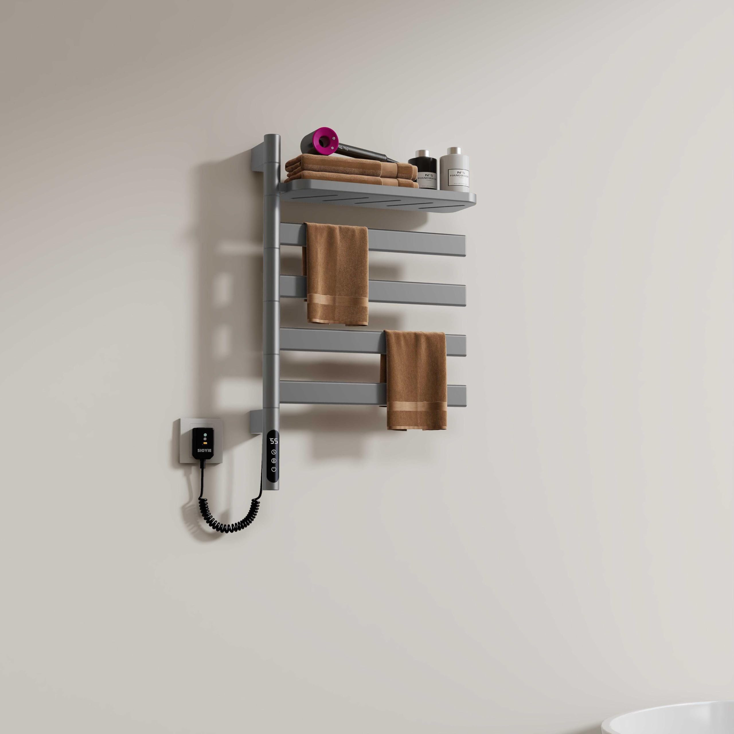 Photo 1 of KewinSent Electric Heated Towel Rack, 5-Bar Rotating Design, Black Matte, Metal, Wall Mount, WiFi Smart Control, Touch Panel Timer, 15x4x26 Inches (Black)