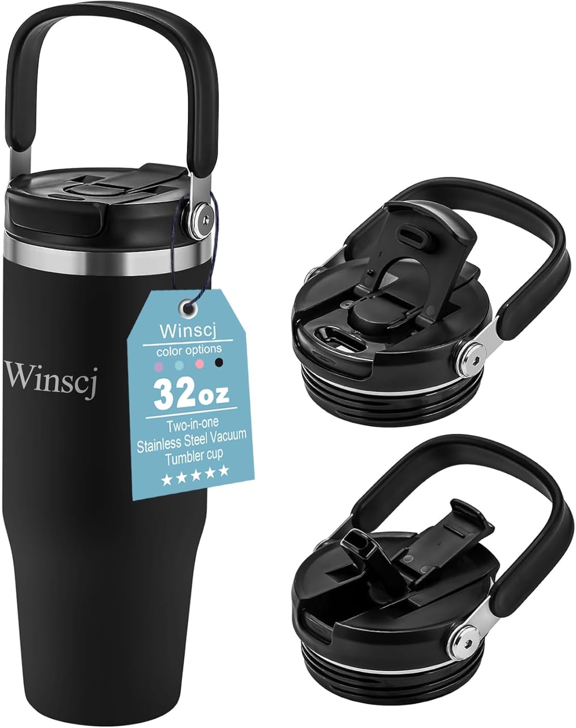 32 oz Tumbler with Handle and Flip Straw,Keep Cold or Hot,Fits in Cup Holder,Reusable Leak Proof Stainless Steel Vacuum Water Bottle,Suitable for Home Gym Trave, Easy to Carry(Black)