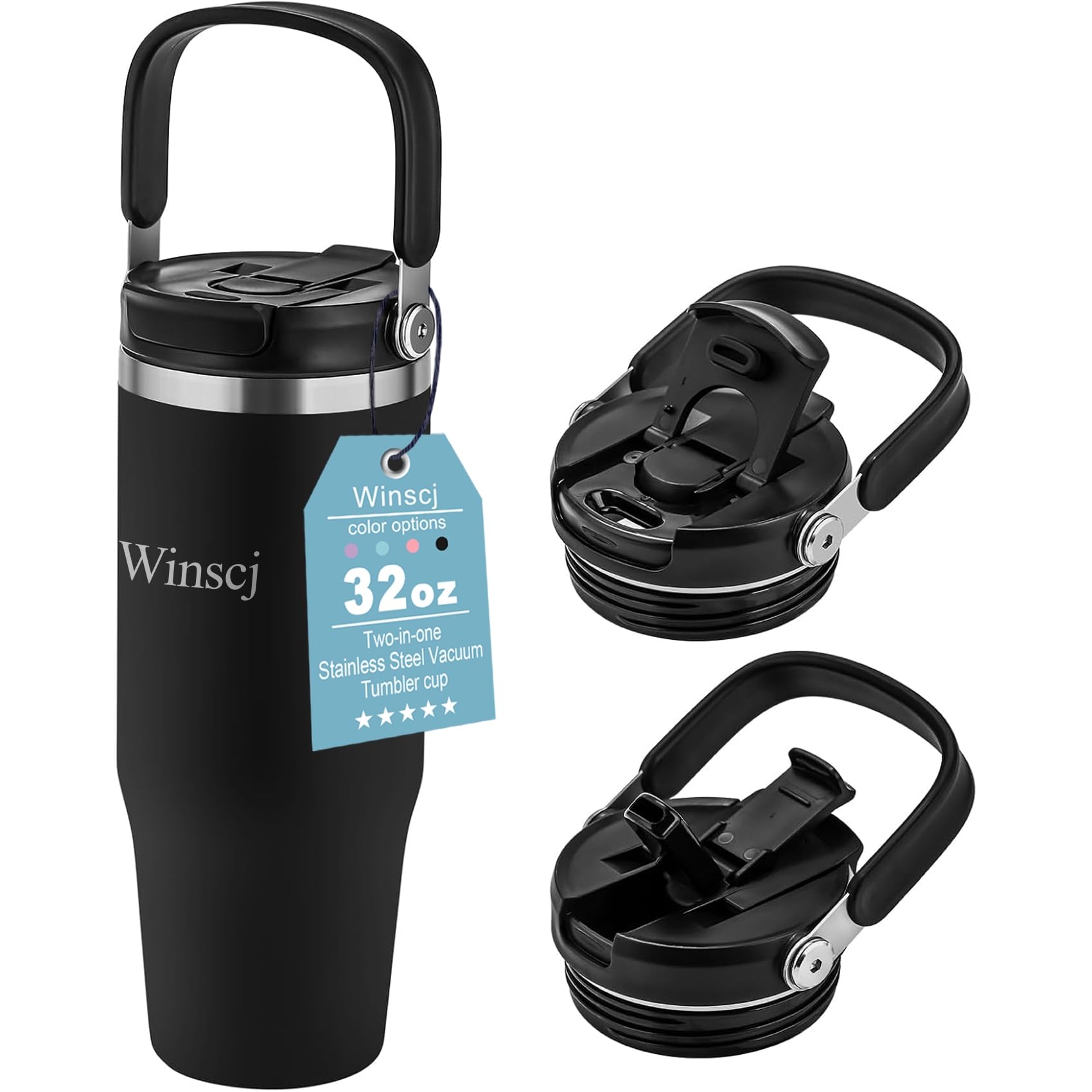 32 oz Tumbler with Handle and Flip Straw,Keep Cold or Hot,Fits in Cup Holder,Reusable Leak Proof Stainless Steel Vacuum Water Bottle,Suitable for Home Gym Trave, Easy to Carry(Black)