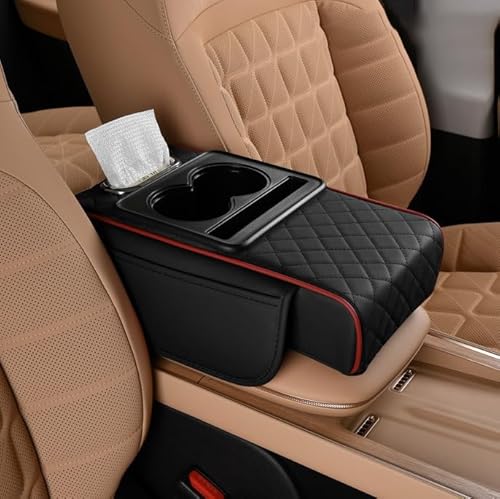 Car Center Console Cover for Hyundai Aslan 2014-Pr, Leather Armrest Cover, Console Cushion Pad with Storage Box and Cup Holder, Interior Accessories E Black+Red