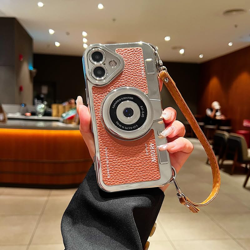 Image of LuxuryKase Retro Vintage Camera Style Case for iPhone 16 Plus | 3D Lens Design | Hand Strap | PU Leather Finish | Soft TPU Edge | Stylish Fashion Cover - Brown
