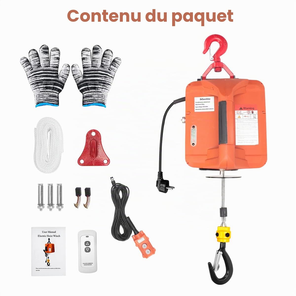 Palans élévateur électrique 3 en 1 500KG,1500W Treuil de levage électrique 230V Portable avec élingue de 7.6m pour Levage,Manuel/Câble/Télécommande Contrôle,5M/Min